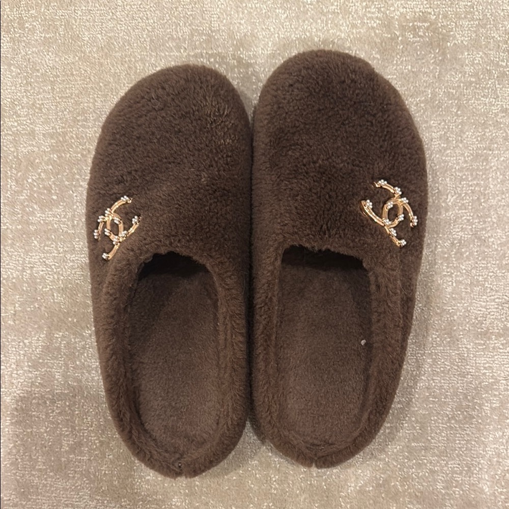 Chanel Brown Fuzzy Slippers